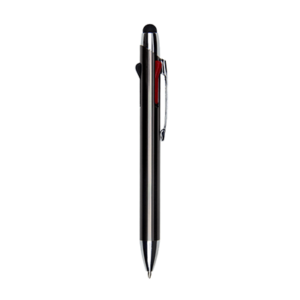 Giftsdepot-Multicolour-Pen-with-Stylus-view-main-grey multicolour pen with stylus tip and metal body in black finish