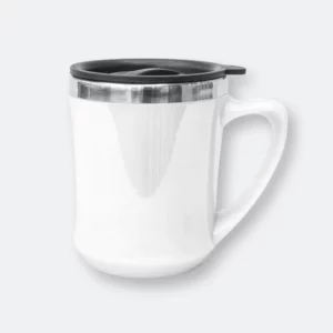 vigor stainless steel auto mug in white with handle and secure lid