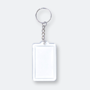 rectangular acrylic keychain with clear finish and printed insert