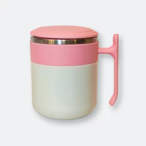 granny stainless steel mug in pastel pink with handle and lid