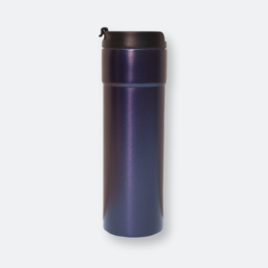 swishy stainless steel tumbler in navy and brown with roller print design