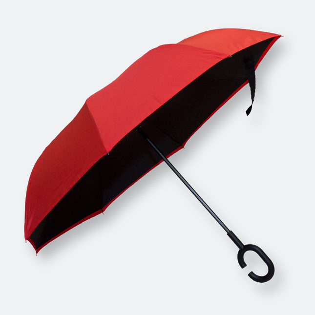 GMG2133_Brimzo_Double_Layer_Inverted_Umbrella_RED The Brimzo Double Layer Inverted Umbrella is your must-have stylish inverted cover for daily protection. Available in Red and Royal Blue, it’s made from durable Pongee solid fabric to withstand rainy days in style. The silkscreen print ensures a neat finish, and it comes in an individual OPP bag for easy carrying. With a size of 22” (Length 80cm) and weighing only 252g, this umbrella is lightweight and simple to handle. The unique C handle provides a comfortable grip, while the manual open feature offers classic functionality. The double layer inverted design prevents water dripping, making it ideal for everyday commuting.